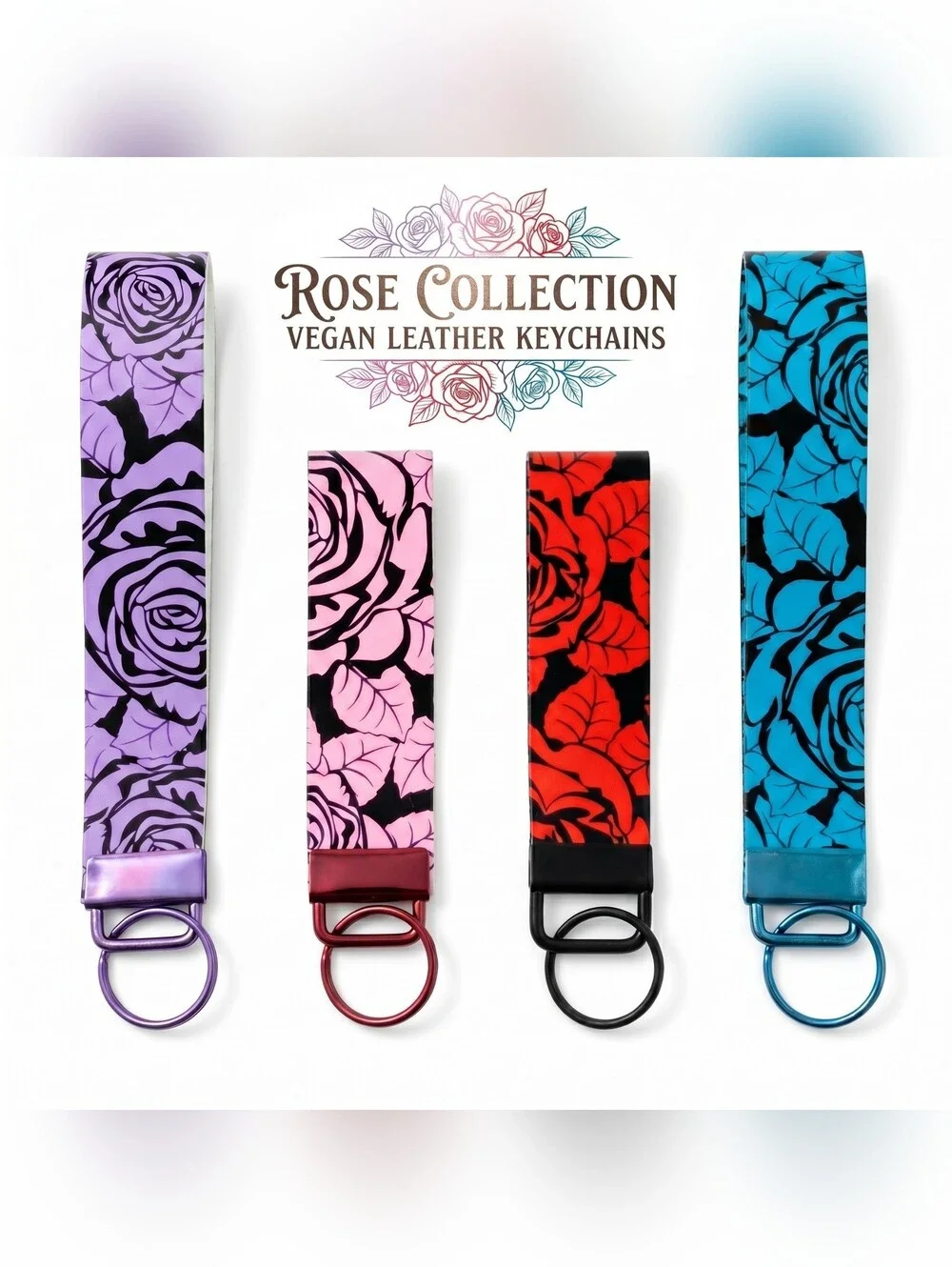 Rose Floral Collection Vegan Leather Wristlet Keychains - Just Jen - Picture 4 of 9